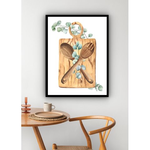 Quadro Decorativo Tábua Talher Folhas Cozinha - 70x50cm:moldura Preta