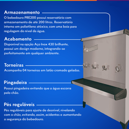 Bebedouro Industrial 200 Litros em Inox 220v Acqua Gelata 4 Torneiras Pre200 Purificador com Filtro - 2