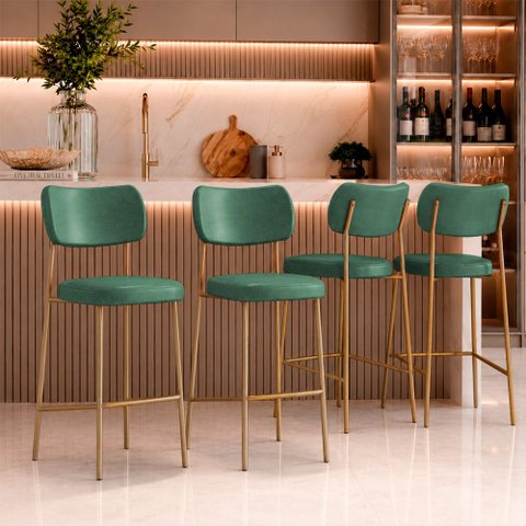 Kit 4 Banquetas Alta Sala de Jantar Lisa Pés Champanhe PU Verde m² - Monari Design