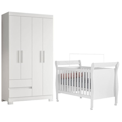 Berço Americano Slim com Guarda Roupa Olimpia MDF Branco Flex Kit Albatroz Móveis