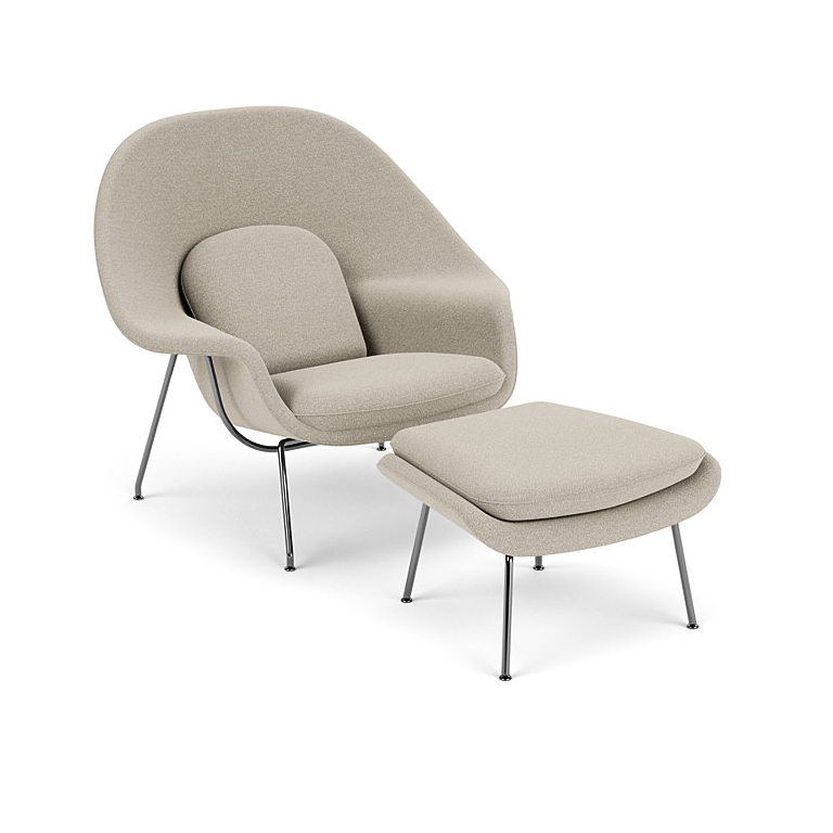 Poltrona Womb Chair com Puff em Bouclê Areia - Base Cromada