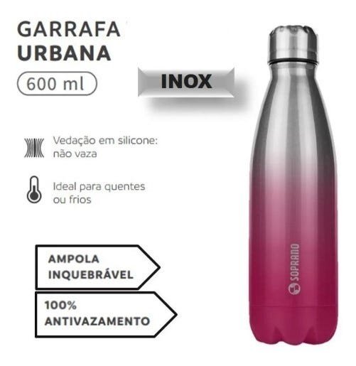 Squeeze Garrafa Urbana Inox 600ml Fitnes Academia - Soprano ROSA - 2