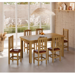 Conjunto Mesa de Madeira Nogueira 160x88 + 6 Cadeiras Estofadas Sfa - 1