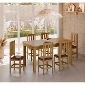 Conjunto Mesa de Madeira Nogueira 160x88 + 6 Cadeiras Estofadas Sfa