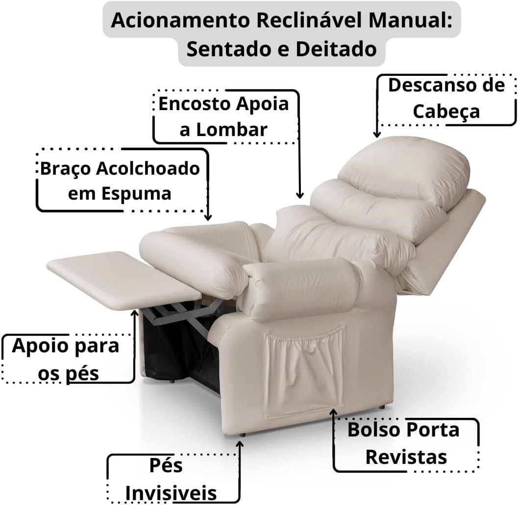 Poltrona Amamentação Reclinavel Courino Corano Acolchoada Bege Top Sofas - 3