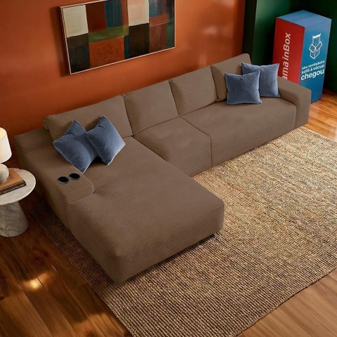 Sofá Evo 3,40m Molas Ensacadas com Chaise Lounge Esquerda Velourê Marrom Cama Inbox
