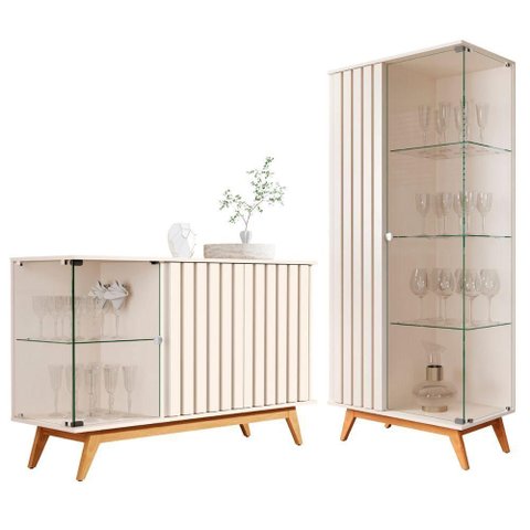 Conjunto de Cristaleira e Buffet Bella Vista Nature e Perola MDP Bechara Móveis