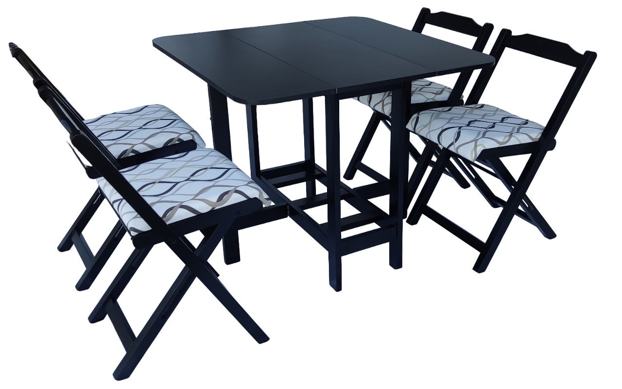 Conjunto Prático Mesa e 4 Cadeiras Dobrável Preto, Estofado Bar-Cozinha-Lazer-Varanda ( QUADRADO OVA - 4