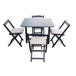 Conjunto Prático Mesa e 4 Cadeiras Dobrável Preto, Estofado Bar-cozinha-lazer-varanda ( Quadrado Ova - 13