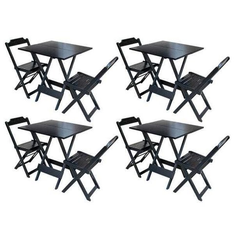 Kit 4 Conjuntos de Mesa Dobrável com 2 Cadeiras de Madeira 70x70 Ideal para Bar e Restaurante - Pret