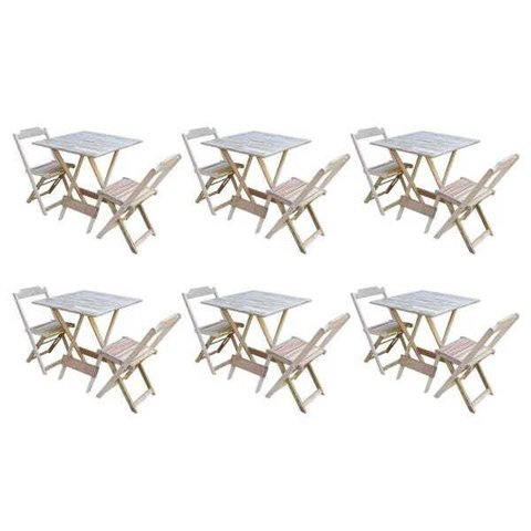 Kit 6 Conjuntos de Mesa Dobrável com 2 Cadeiras de Madeira 70x70 - sem Pintura