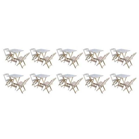Kit 10 Conjuntos de Mesa Dobrável com 2 Cadeiras de Madeira 70x70 Ideal para Bar e Restaurante - Sem