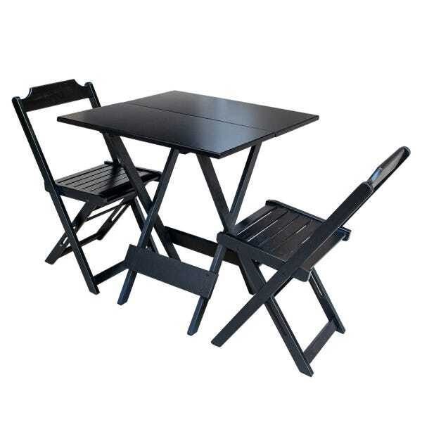 Jogo de Mesa Dobrável com 2 Cadeiras de Madeira 70x70 Ideal para Bar e Restaurante - Preto - 1