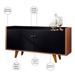 Aparador para Sala Buffet com 4 Portas 2 Gavetas Havana Preto Nature Preto/natural - 4