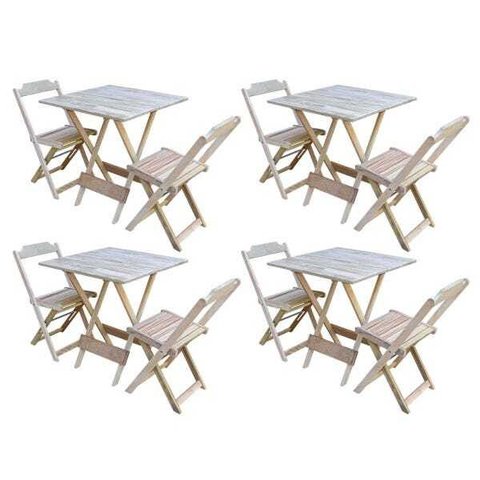 Kit 4 Jogos de Mesa Dobrável com 2 Cadeiras de Madeira 70x70 - sem Pintura
