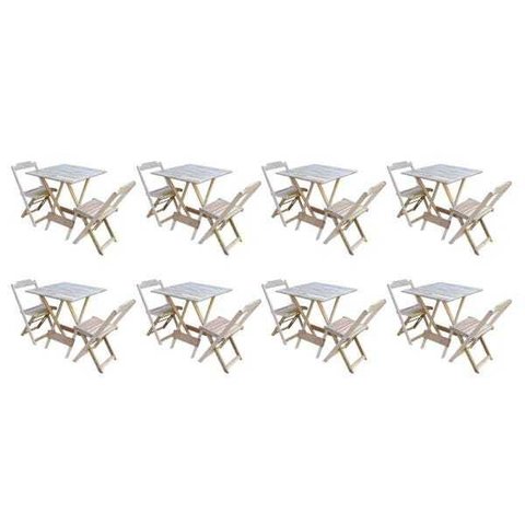 Kit 8 Jogos de Mesa Dobrável com 2 Cadeiras de Madeira 70x70 - sem Pintura