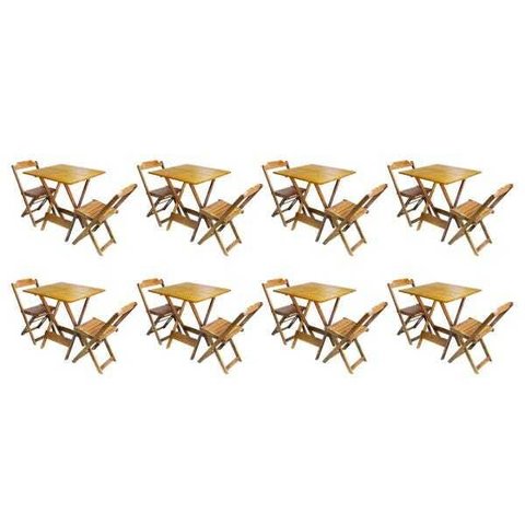 Kit 8 Conjuntos de Mesa Dobrável com 2 Cadeiras de Madeira 70x70 - Mel