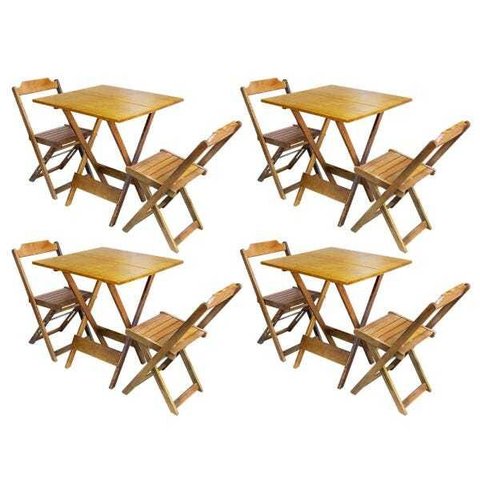 Kit 4 Jogos de Mesa Dobrável com 2 Cadeiras de Madeira 70x70 Ideal para Bar e Restaurante - Mel