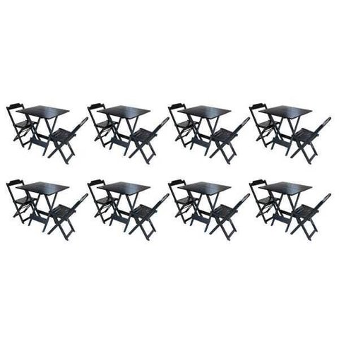 Kit 8 Jogos de Mesa Dobrável com 2 Cadeiras de Madeira 70x70 Ideal para Bar e Restaurante - Preto