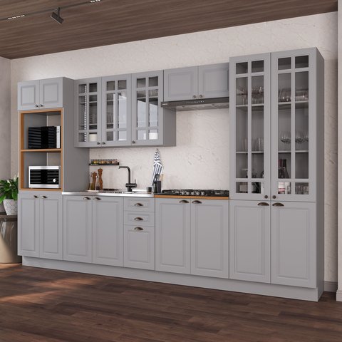 Cozinha Modulada 6 Peças 1 Torre Quente 1 Cristaleira 2 Balcão sem Tampo 2 Aéreos 100% MDF com Vidro Rodapé Bari Cinza/Titanio Fosco