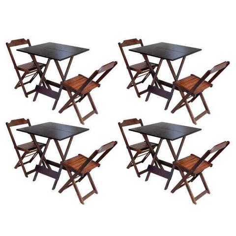 Kit 4 Conjuntos de Mesa Dobrável com 2 Cadeiras de Madeira 70x70 Ideal para Bar e Restaurante - Imbu