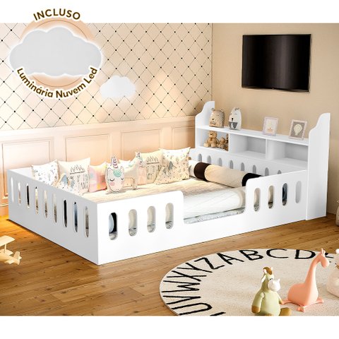Cama Casal Luxo Design Montessoriana Helo com Nicho Branca Luminária Led
