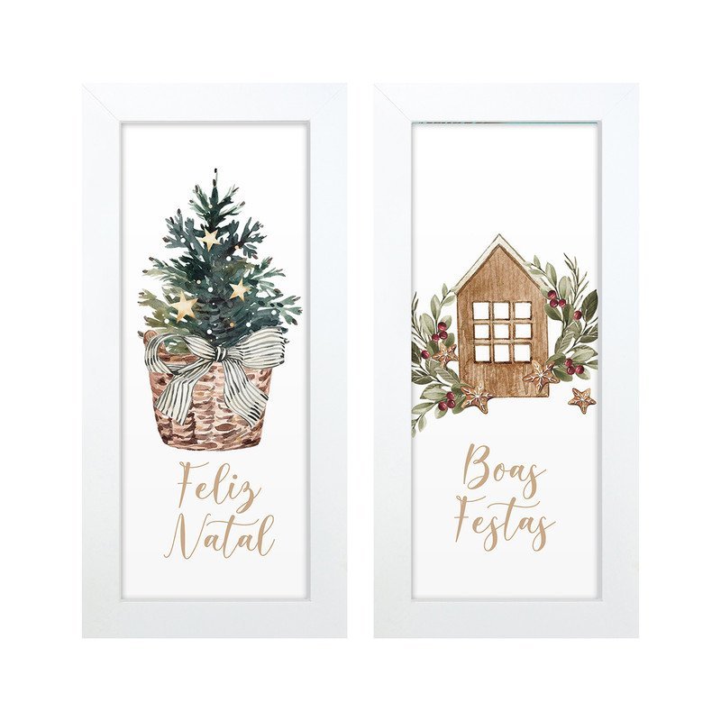 Dupla de Quadros Decorativos Árvore Frases Natal