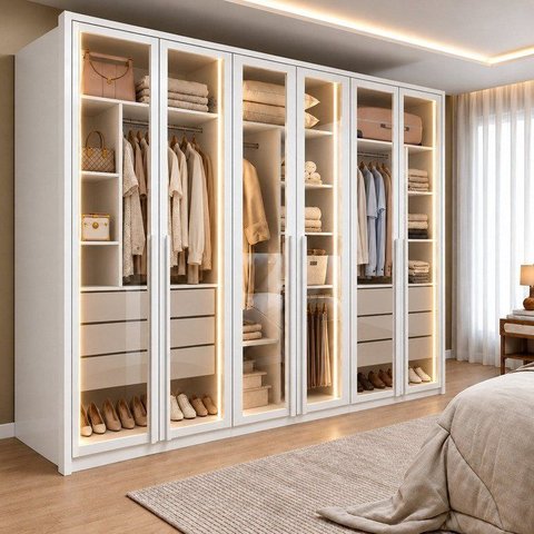 Guarda Roupa Casal 6 Portas com Vidro Reflecta e 6 Gavetas 100% MDF com LED Imperiale Premium