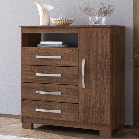 Comoda Quarto Casal Multiuso Compacto Porta 4 Gavetas Malbec
