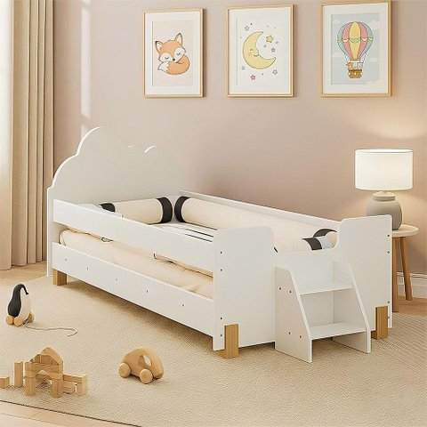 Cama Lorena Juvenil Baixa com Proteção Lateral Escadinha Cabeceira Nuvem Quarto Infantil - Branco
