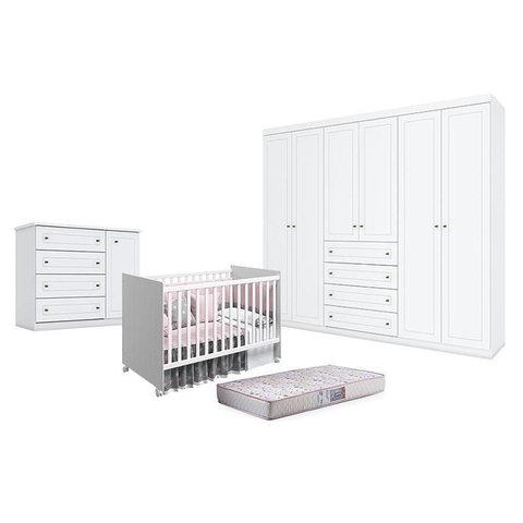 Quarto de Bebê Americano 6 Portas Com berço Nacional Mel Branco Acetinado – Reller - Henn e