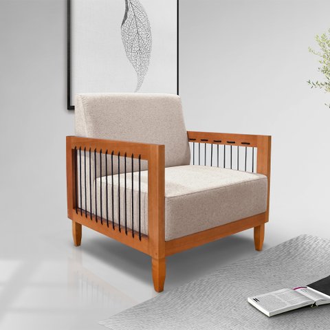 Poltrona Sala de Estar Pés Madeira Maciça Corda Náutica Preta 75cm Manila Linho Areia Rústico G63 - 