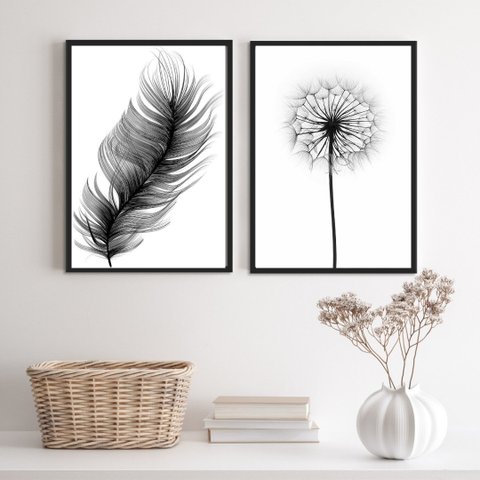 Kit 2 Quadros Minimalistas Modernos Pena e flor 24x18cm - com Vidro:madeira Preta