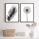 Ver imagem 1 de Kit 2 Quadros Minimalistas Modernos Pena e flor 24x18cm - com Vidro:madeira Preta