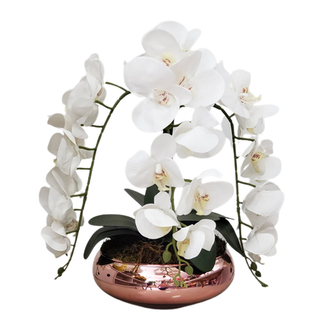Arranjo Flores 3 Orquídeas Branca Toque Real Com Vaso Vidro