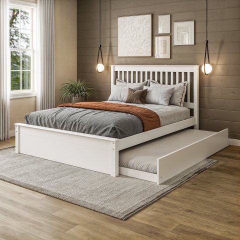 Conjunto Cama Queen com Cama Auxiliar em Madeira Maciça Branco