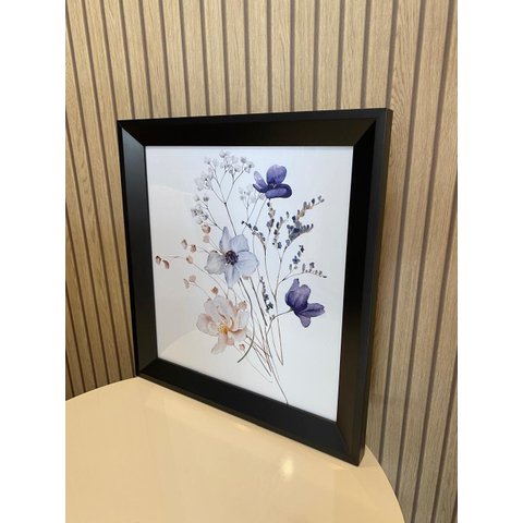 Duo de Quadros Floral Aquarela Azul 33x35cm Cozinha Lavabo Moldura Preta Vidro