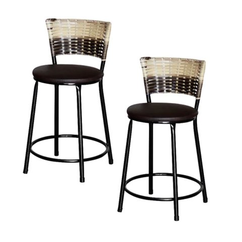 Jogo 2 Banqueta Baixa Ratan Hawai Preta Cappuccino Premium  
