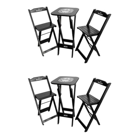 Kit 2 Conjuntos Bistrô Mesa com 2 Banquetas Dobráveis de Madeira Personalizada Hei - Preta