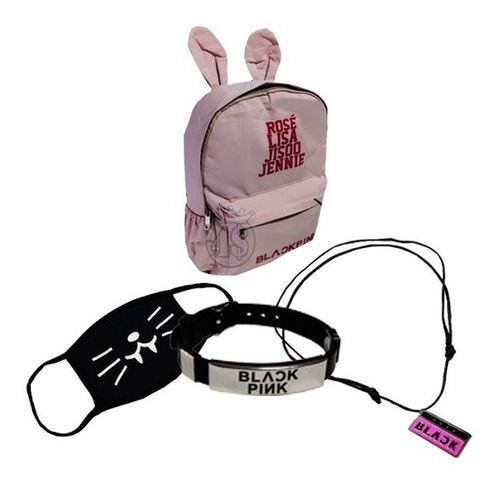 Mochila Black Pink Orelha Mascara Gatinho Colar Kpop Bolsa - Rosa