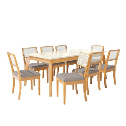 Conjunto para Sala de Jantar 8 Lugares Madeira Maciça com Mesa Tampo Vidro/MDF e 8 Cadeiras Teladas