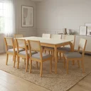 Ver imagem 1 de Conjunto Mesa de Jantar em Madeira Maciça com Vidro e 8 Cadeiras Estofadas com Telinha em Linho Petr