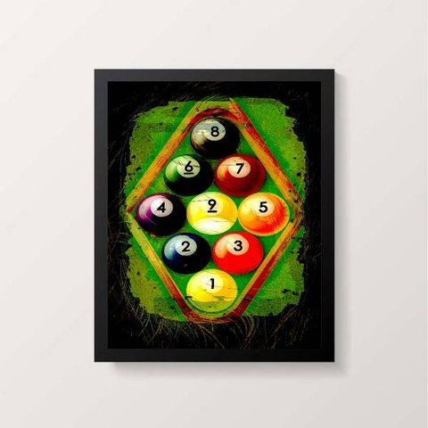 Quadro Decorativo Bolas De Sinuca 24x18cm - com vidro:Madeira preta