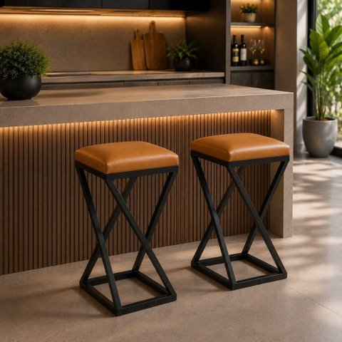 Kit 2 Banquetas Moderno Assento Couro Sintético Base em Z sem Encosto Fixo 50cm Caramelo Isa
