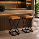 Ver imagem 1 de Kit 2 Banquetas Moderno Assento Couro Sintético Base em Z sem Encosto Fixo 50cm Caramelo Isa
