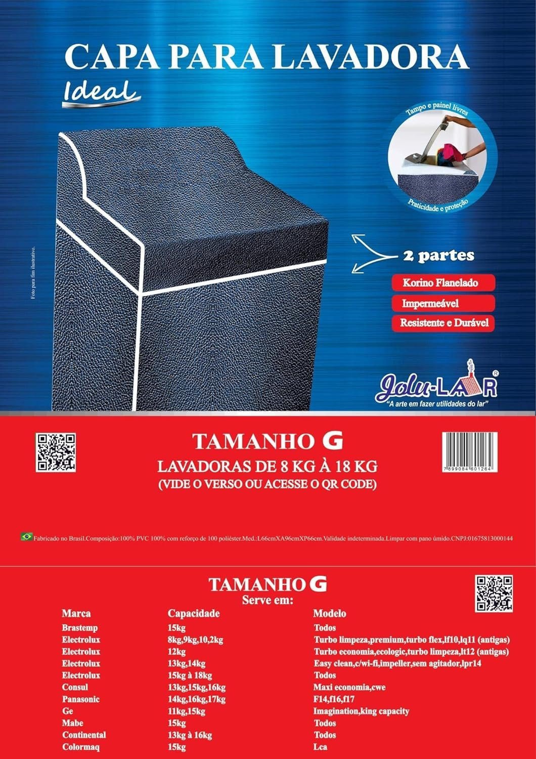 Capa para Máquina de Lavar Roupas - Tampa - Flanelada - 02 Partes - Todos Tamanhos e Marcas Electrol - 3