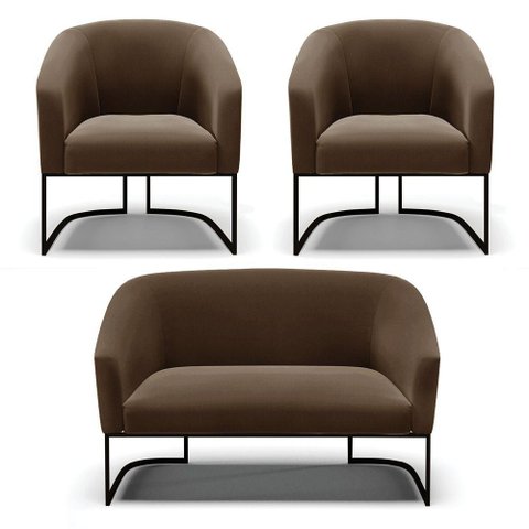 Sofá Namoradeira e 2 Poltronas Base Industrial Preto Stella Suede D03 - D'Rossi Cor Marrom