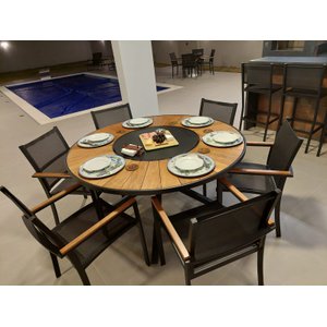 Mesa Moderna para Área Gourmet com Tampo de Madeira Giratória com 6 Cadeiras