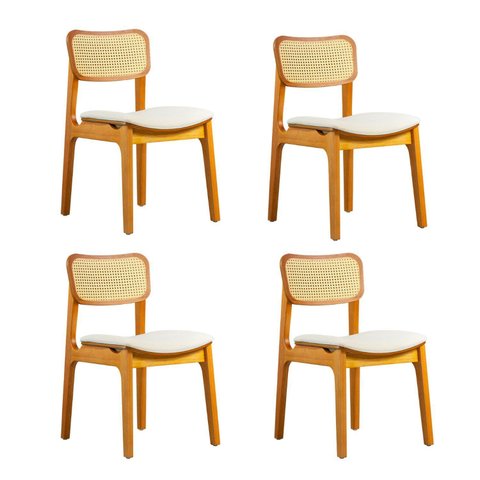 Conjunto 4 Cadeiras Sala de Jantar Estofada em Linho e Telinha de Rattan Atenas Marrom/Nozes
