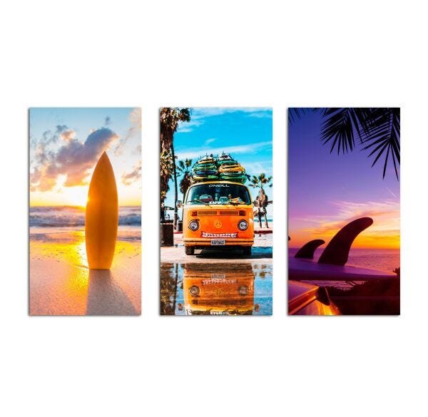 Quadro decorativo Prancha de surf Kombi kit 3 peças | MadeiraMadeira